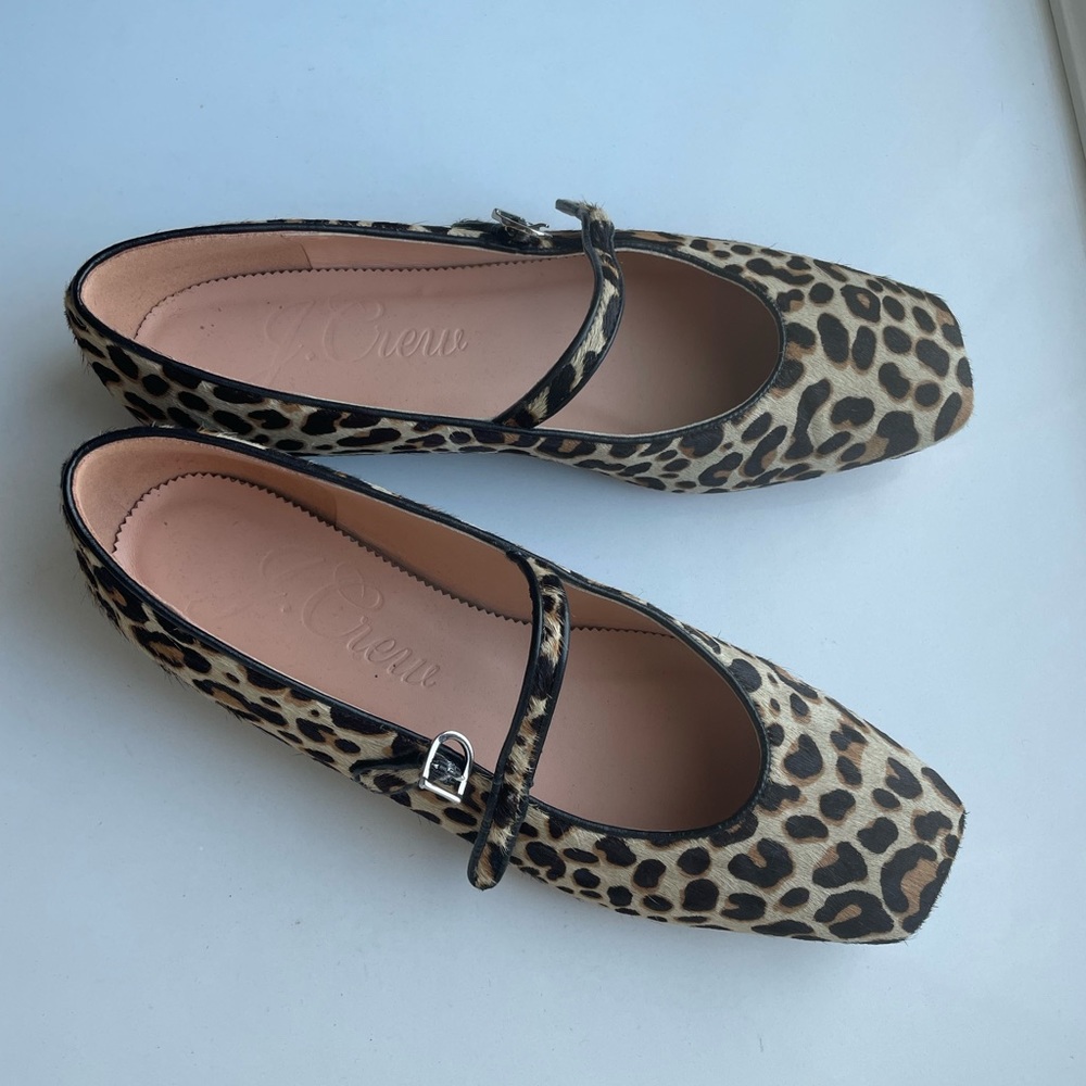 J Crew calf hair animal print Mary Janes